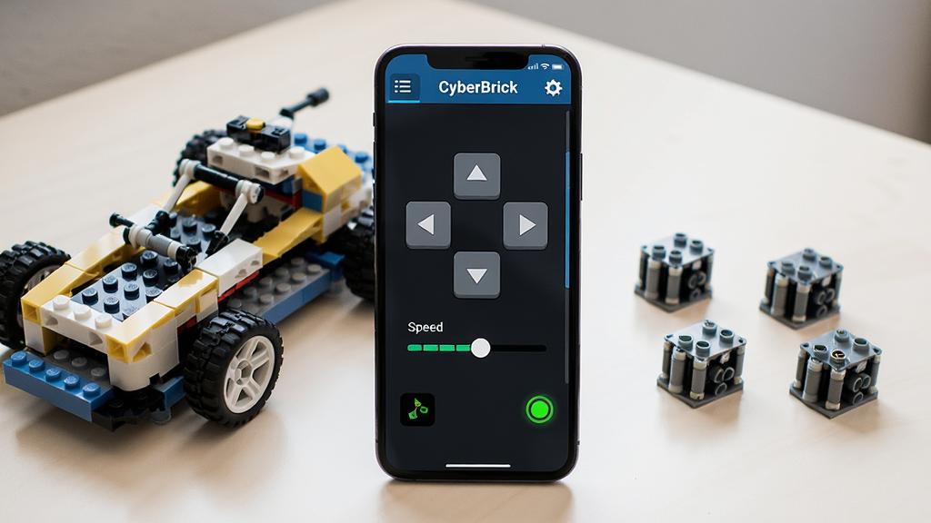 һ��չʾCyberBrick�ֻ�Ӧ��������ĳ���ͼ������������һ�����������ֻ�����Ļ����ʾ��CyberBrickӦ�õĿ�����壬������з�����ư�ť���ٶȻ��������״ָ̬ʾ�ƣ��ֻ��Ա߰ڷ���һ���ɻ�ľƴװ���ɵ�CyberBrickС���ͼ������ģ�飬�����Ǹɾ������ǳɫ���棬������Ϊдʵ��Ʒ��Ӱ��������;��ȣ����������������޶����������ϸ��