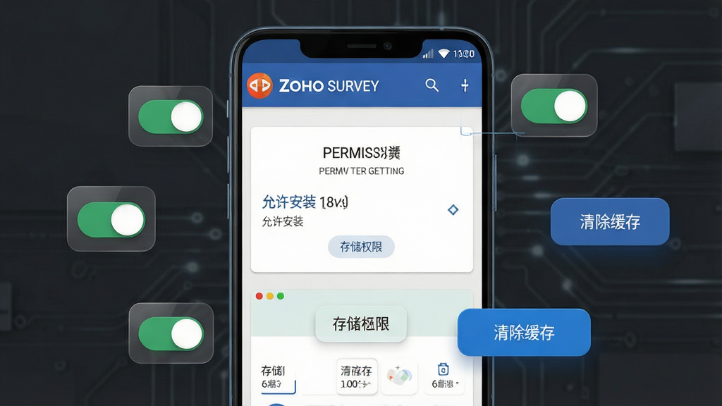 ����Ϊһ����׿�ֻ���Ļ��д����ʾ Zoho Survey Ӧ�õ�Ȩ������ҳ����洢�������棻����Ϊ�ֻ�������У���ΧƯ��Ȩ�޿���ͼ���뻺��������ť�����Ϊдʵ�Ƽ��磬����Ϊ���ɫ��ϸ�ڰ�����������װ�����洢Ȩ�ޡ���������桱�����ֱ�ǩ�����ʸ��壬�ɾ����޶���Ԫ�ء�