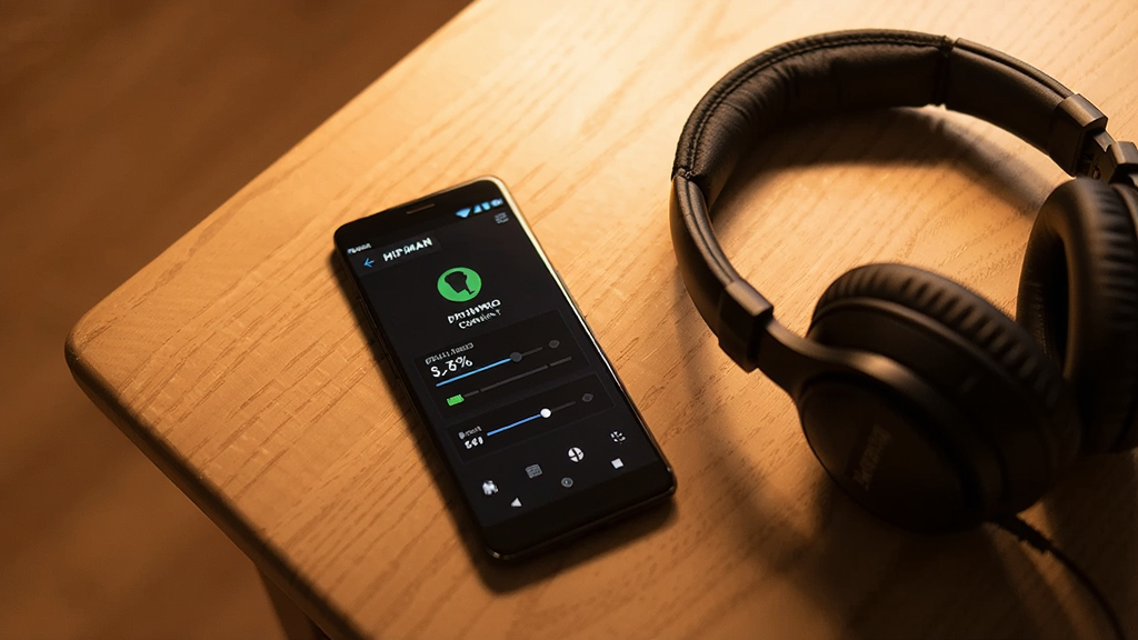 һ����׿�ֻ�����ľ�������ϣ���Ļ��ʾ HIFIMAN Smart Ӧ�������棬�������ж�������״̬�������ٷֱȺ���Ч���ڻ��飬�Ա߷���һ����ɫͷ��ʽ������ůɫ�����ڹ��ߣ���Լ�ִ���񣬸��廭�ʣ��ɾ���ͼ���޶���Ԫ��