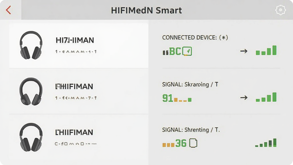 һ�ű�ƽ������Ӧ�ý���ʾ��ͼ������������ HIFIMAN Smart �����ӹ���ҳ�棬����г����ͬ�ͺŵ� HIFIMAN ����ͼ�꣬�Ҳ���ʾ�������豸�ĵ������ź�ǿ�ȣ�����Ϊǳ��ɫ������Ԫ�ؼ����������ע����ΪӢ�ģ����廭�ʸɾ���������װ��