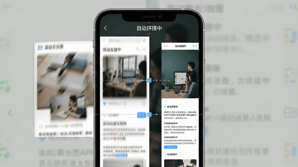 һ��չʾ�������س�ͼAPP������ƴ�ӹ��ܵ�ʾ��ͼ���������ֻ���Ļ��һ�������Զ����¹����ĳ���ҳ����Ļ�����ʾ�ѽ�ȡ�Ĳ��֣��Ҳ���ʾ�������ɵ�Ԥ����ͼ������Ϊ���ҷ����Աȣ����Ϊ����UI����չʾ��ϸ�ڰ��������Ķ�̬ģ��Ч����ƴ�Ӵ��ľ�׼�����ߡ��Լ��������Զ�ƴ���С���״̬��ʾ���֣����ʸ��壬����ɾ����޶���װ��Ԫ��