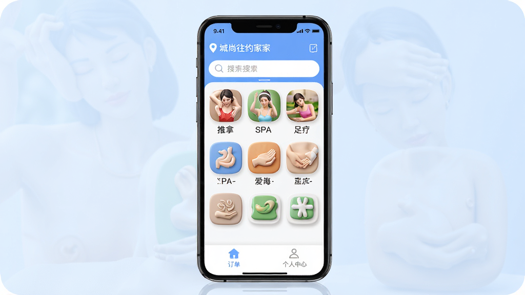 ������Լ��������������ȫòչʾ�������������ֻ���Ļ����Ļ�ڳ��ְ�����Լ����APP��ҳ��������ʾ���ж�λ�����������в�Ϊ������Ŀͼ�����񣬰������á�SPA�����Ƶȣ��ײ�Ϊ������������ĵ�����������Ϊ��͵�ǳ��ɫ���䣬���岼�ָɾ����࣬����ִ���Լ��ϸ����ͻ��ͼ������������������ȣ����ʸ��壬�޶���Ԫ��