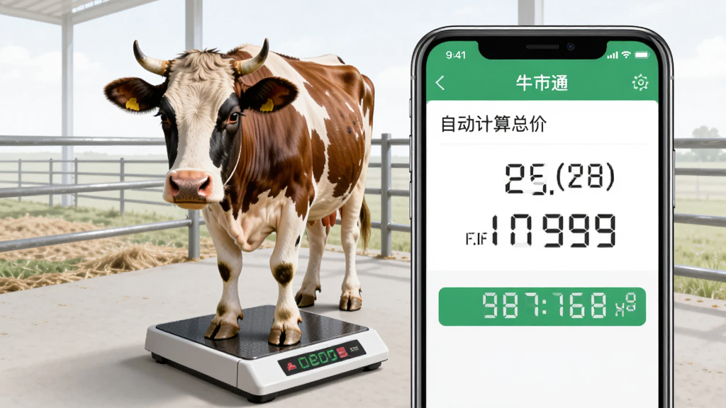 ţ��ͨAPP����¼����棬������һͷţվ�ڵ��ӳ��ϣ��ֻ���Ļ��д��ʾ��ţ��ͨ��APP�Զ������ܼ۵Ľ��棬���������ɼ��������Ǽ�����ֳ��Χ�������дʵ��ϸ�ڵ�λ�����������ɾ����޶���Ԫ��