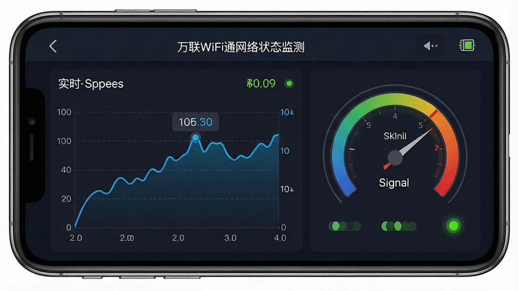 һ��չʾ����WiFiͨ����״̬��⹦�ܵ�ͼƬ������Ϊ�ֻ�������ʾʵʱ�������ߺ��ź�ǿ���Ǳ��̣��������·ֲ㣬�Ű����ݿ��ӻ������Ϊרҵ�Ǳ��̷��ϸ�ڰ�������ͼ����ֵ��ǩ��״ָ̬ʾ�ƣ������������ɾ����޶���Ԫ��