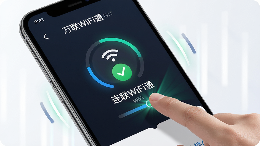 һ��չʾ����WiFiͨһ���������ӹ��ܵ�ͼƬ������Ϊ�ֻ���Ļ��ʾ��ָ���WiFi���ƺ�������ӳɹ����������ֶ�̬��ǿ���Ű�۽����ģ����Ϊ�ִ�UI��Ч���ϸ�ڰ������ӽ��Ȼ����Թ�ͼ��������������֣������������ɾ����޶���Ԫ��
