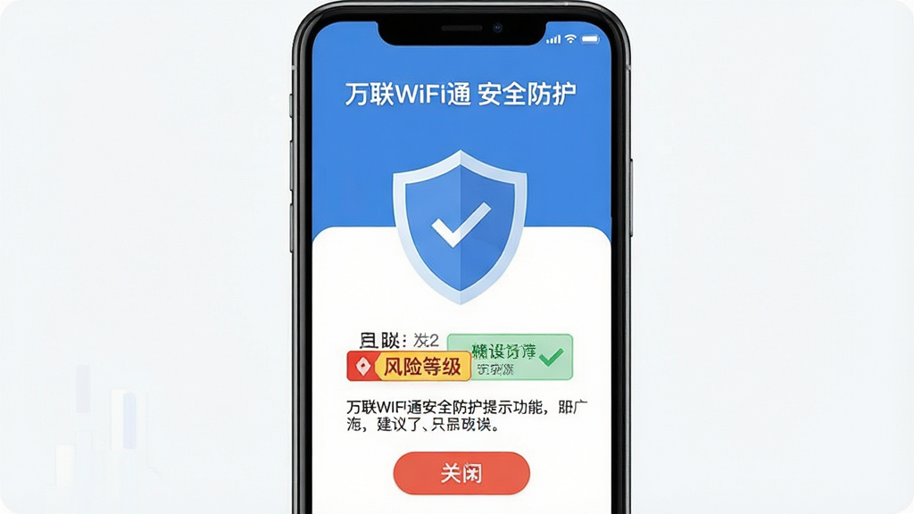 һ��չʾ����WiFiͨ��ȫ������ʾ���ܵ�ͼƬ������Ϊ�ֻ���Ļ��ʾ����ͼ��Ͱ�ȫ��ⱨ�棬���־���ͻ�����Ű���Ϣ�㼶���������Ϊ��ȫ��������ı�ƽ����ƣ�ϸ�ڰ������յȼ���ǩ���������ֺ͹رհ�ť�������������ɾ����޶���Ԫ��