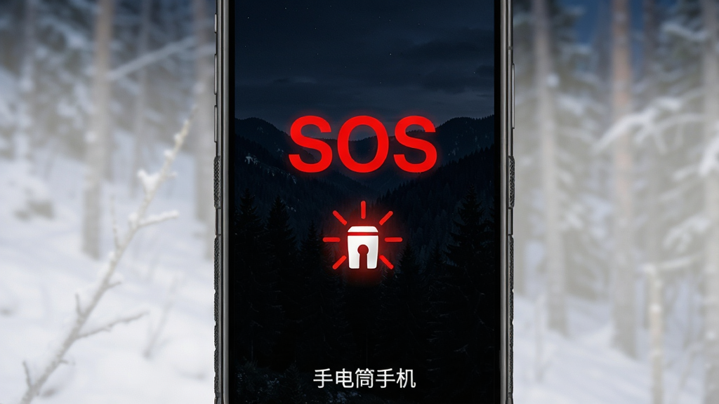 �ֵ�Ͳ�ֻ�SOS��˸ģʽ���棬�ֻ���Ļ��ʾ��ɫSOS��������˸�ĵƹ�ͼ�꣬����Ϊ��ɫɽ��ҹ�����ֻ�LED�Ʒ���������˸��â������ײ���