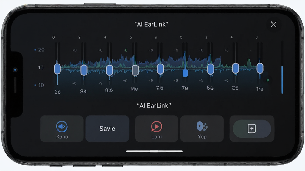 ����Ϊ�ֻ���Ļչʾ AI EarLink ��Ч���������ڽ��棬����Ϊ���½ṹ���Ϸ�ΪƵ�λ��飬�·�ΪԤ��ģʽ��ť���Ű�����ֱ�ۣ����Ϊ��ɫ�Ƽ��� UI��ϸ�ڰ�������ͼ������������ʶ�����水ť�����������ֱ��������д��AI EarLink�������ʸ���ɾ��޶���Ԫ��
