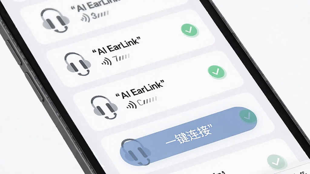 ����Ϊ�ֻ���Ļ��ʾ AI EarLink �豸�����б�������Ϊ����Ƭʽ���У��Ű�ͻ����һ�����ӡ���ť�����Ϊ��ˬ��ƽ�� UI ��ƣ�ϸ�ڰ�������ͼ�ꡢ�ź�ǿ�ȱ�ʶ������״̬�Թ������������ֱ��������д��AI EarLink�������ʸ���ɾ��޶���Ԫ��