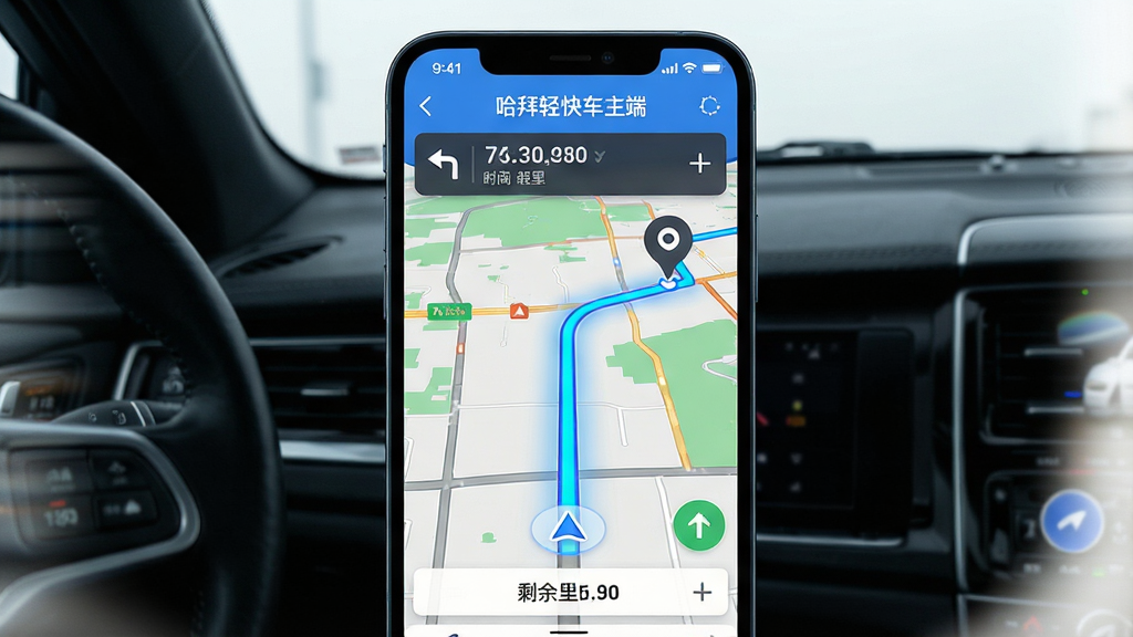 ��������Ϊ�ֻ���Ļ��д����ʾ��������쳵���ˡ��ĵ������棬��ͼ����һ����������ɫ·�ߣ������յ�����������Χ��·����ɫ��ʾ������Ϊ�ֻ��������У�����Ϊ��ɫ���ڻ������Ű�ͻ������·�ߺ;���ʱ����Ϣ�����Ϊ�Ƽ�UI���ϸ�ڰ���·�߹�Ч��ת���ͷ��ʣ�๫�������֡����ʸ��壬�ɾ����޶���Ԫ�ء�