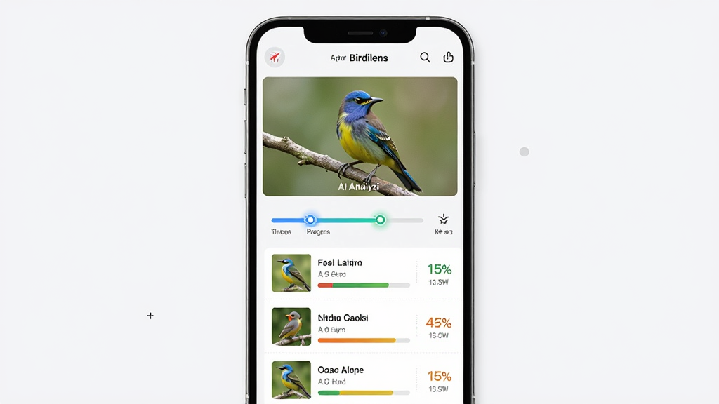 Birdilens Ӧ���е� AI ����ʶ���ܽ��棬����Ϊ�ֻ���Ļչʾ������Ƭ�ϴ����ʶ��������ͺ�ѡ����б�����Ļ�Ϸ���ʾ���ڷ���������ͼƬ���·��г�������ѡ�������Ƽ���Ӧ���ŶȰٷֱȣ�����Ϊ���½ṹ�����Ϊ��ƽ���Ƽ��磬ϸ�ڰ������ȶ�������ɫ���Ŷ��������������ֲ㼶�����ʸ��壬����ɾ����޶���Ԫ�ء�