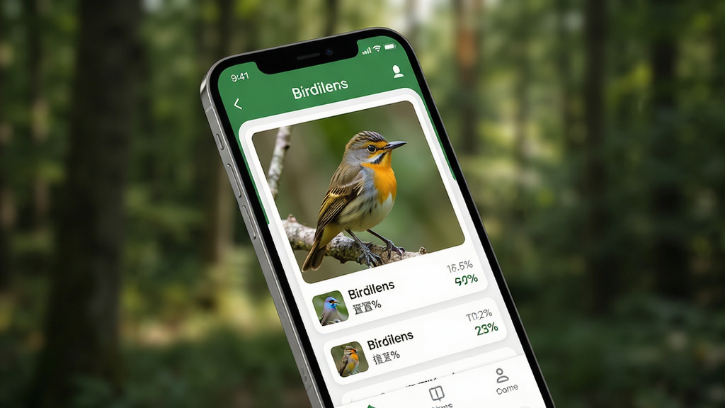 Birdilens ���ܹ���ʶ����������չʾ������Ϊһ�������ֻ���Ļ��ʾ����ʶ����ҳ�棬��Ļ������һֻ������������Ƭ���·��г�ʶ������������ƺ����ŶȰٷֱȣ�����Ϊ�黯��ɭ�ֻ��������ֲ��þ��й�ͼ���ֻ���΢��бչʾ�����Ϊ����ִ��ĿƼ���UI���ϸ�ڰ�����Ļ�ϵĿ�Ƭʽ��Ϣ���֡���ɫ���ɫΪ������ɫ������״̬���͵����������ɼ������ʸ��壬����ɾ����޶���Ԫ�ء�