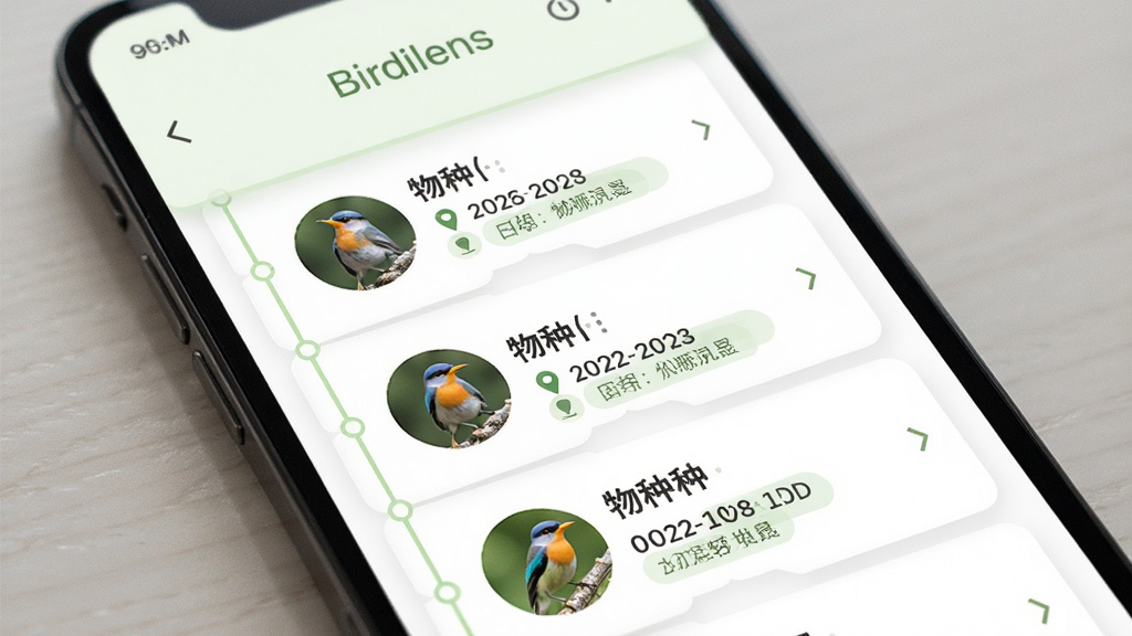 Birdilens ���˹����¼ҳ��չʾ������Ϊ�ֻ���Ļ��ʾʱ������ʽ�Ĺ۲���־�б���ÿ����¼������������ͼ���������ơ����ں͵ص��ǩ������Ϊ��ֱ�����б������Ϊ������Ȼ�Ŀ�Ƭʽ��ƣ�ϸ�ڰ���Բ������ͼ��ǳ��ɫ�ָ��ߡ��ص�ͼ����������֣����ʸ��壬����ɾ����޶���Ԫ�ء�