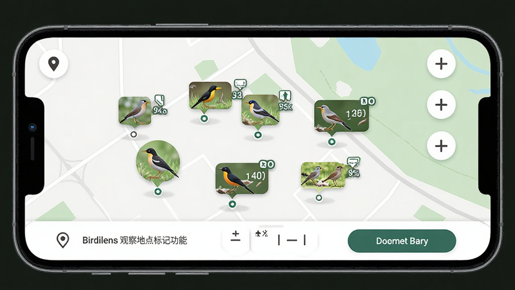 Birdilens �۲�ص��ǹ��ܽ��棬����Ϊ�ֻ���Ļ��ʾ���ж������ͼ��ļ��׵�ͼ����ͼ�ϱ�ע�˲�ͬ�۲���λ�úͶ�Ӧ��������������Ϊȫ����ͼ�ӵײ���Ϣ�������Ϊ��Լ��ͼ�Ӿ���ϸ�ڰ�����λͼ�ꡢ��������ͼ���ݡ����ſؼ��͵ص��б���ť�����ʸ��壬����ɾ����޶���Ԫ�ء�