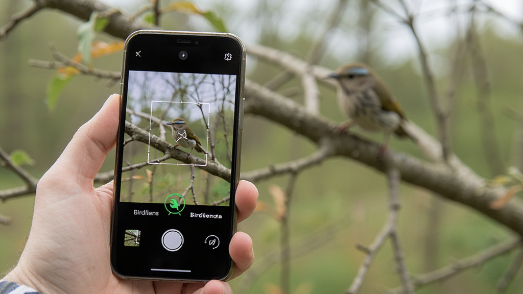 Birdilens Ӧ���ڻ���ʹ�ó����е��ֻ�������д������Ϊһֻ�������ֻ���׼Զ����֦�ϵ�С���ֻ���Ļ��ʾ Birdilens �����ȡ�����ʶ��ť������Ϊǰ���ֻ��뱳����Ȼ��������ʵ�Աȣ����Ϊ��Ȼдʵ��Ӱ�磬ϸ�ڰ����ֻ���Ļ�ϵĶԽ���������������ɫʶ��ͼ�꣬���ʸ��壬����ɾ����޶���Ԫ�ء�