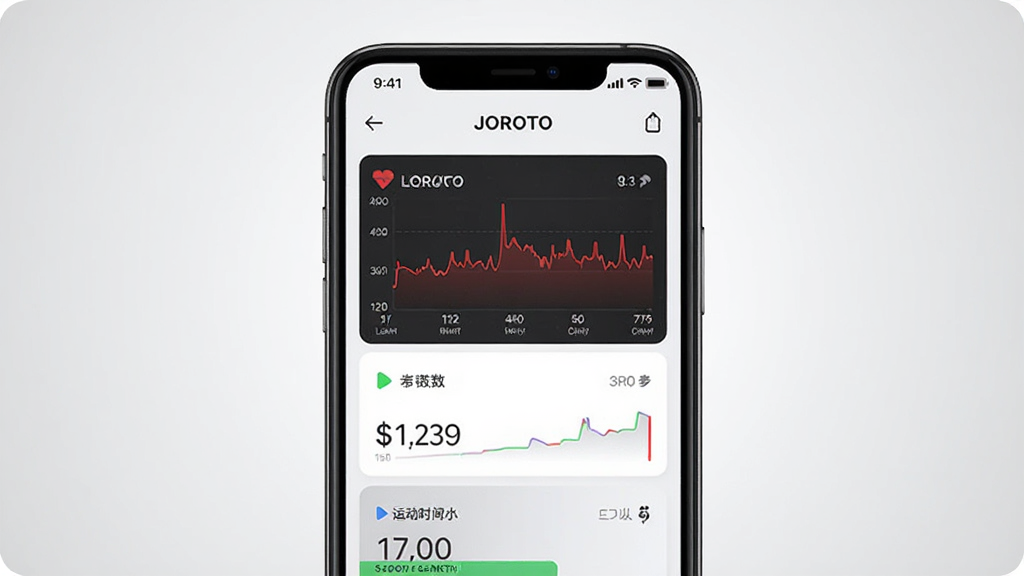 JOROTO����������Ԥ��ͼ����������չʾһ�������ֻ����ֻ���Ļ����ʾJOROTOӦ�õ��˶������Ǳ��̽��棬�����������ߡ�����ͳ�ƺ��˶�ʱ����ģ�飬����Ϊ�ɾ���ǳ��ɫ���䣬���������ִ����Ű���жԳƣ����������ɾ����޶���Ԫ��