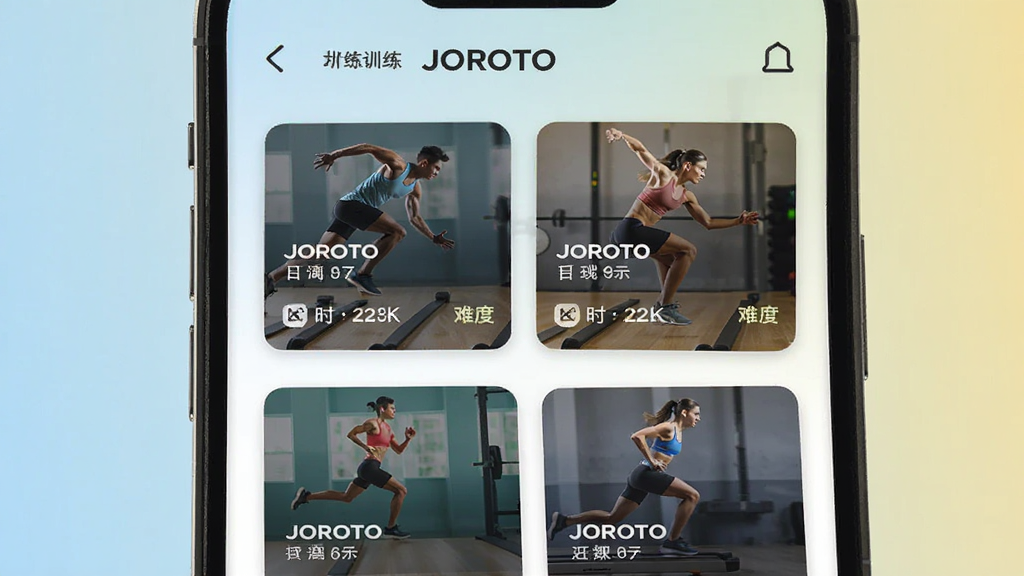 JOROTO���Ի�ѵ���ƻ�����Ԥ��ͼ������չʾ�ֻ���Ļ��JOROTOӦ�õ�ѵ���γ��б�ҳ�棬�������ѵ����Ƭ��ÿ����Ƭ���пγ����ơ�ʱ�����Ѷȱ�ʶ������Ϊǳɫ���䣬�������˶��������Ű����������ʸɾ����޶���Ԫ��