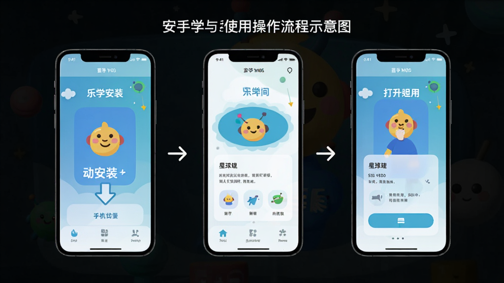 ��ѧ����App���ֻ��ϵİ�װ��ʹ�ò�������ʾ��ͼ������չʾ�ֻ���Ļ�����ذ�װ����ʹ�õ��������裬������ƽ������ɫ���£������Ű棬���ʸ���ɾ�