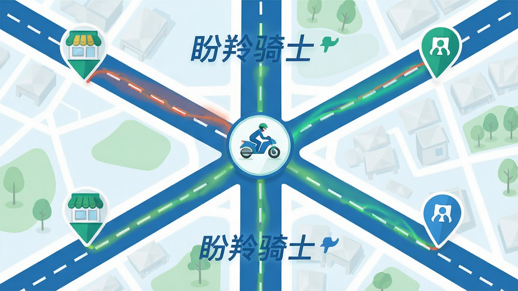 俯视角度城市道路地图插画,地图上有三条不同颜色路线汇聚到同一个骑手图标,路线起点分别标注商家图标,终点标注用户位置图标,地图中央有“盼羚骑士”文字标签,整体风格简洁明快,蓝绿配色,布局清晰,细节精致,画质干净,无多余元素,高清画质