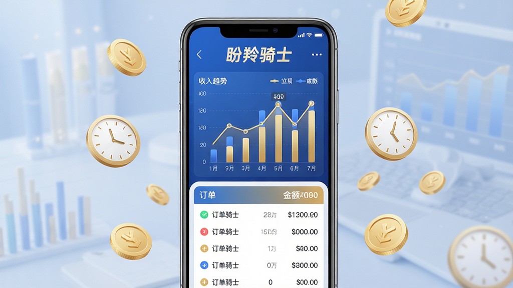 手机屏幕显示数据统计仪表盘界面,界面顶部有“盼羚骑士”文字,中部为柱状图与折线图展示收入趋势,下方为订单列表与金额明细,手机周围漂浮金币与时钟图标,整体风格现代简洁,蓝金配色,布局居中,细节清晰,画质干净,无多余元素,高清画质