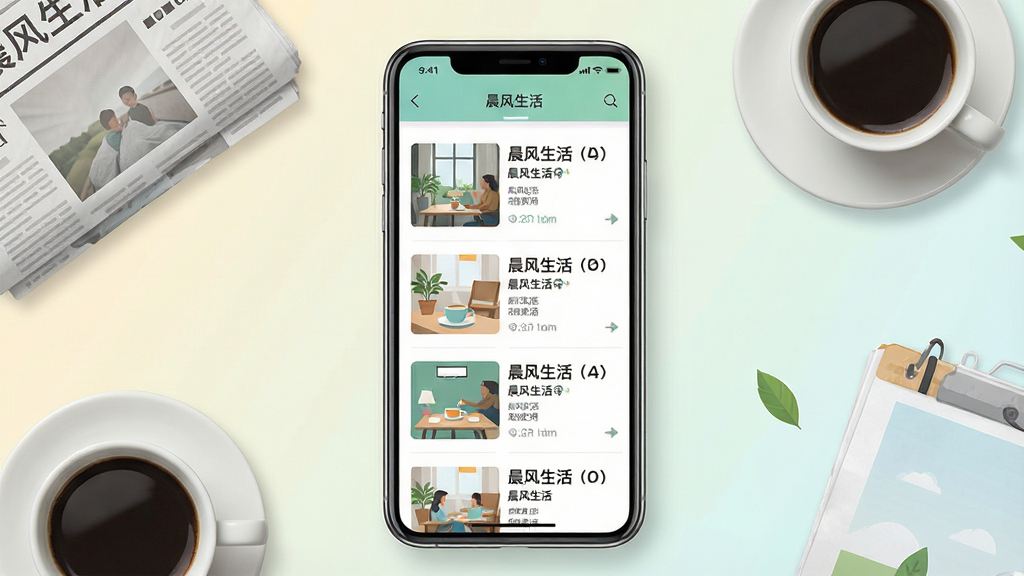 һ��չʾ��������APP��������Ѷҳ��ĳ���ͼ���������ֻ���ĻΪ���壬��Ļ����ʾ����Ѷ�б�ҳ�棬ÿ����Ѷ��������ͼ�ͱ������֣������пɰ��������������������������ˬ��Ȼ������Ϊǳɫ���䣬�ֻ���Χ��׺�ű�ֽ�����ȱ�������Ԫ�أ������Ű湤������ƽ����Ʒ�񣬻��������ɾ����޶���װ��Ԫ�ء�