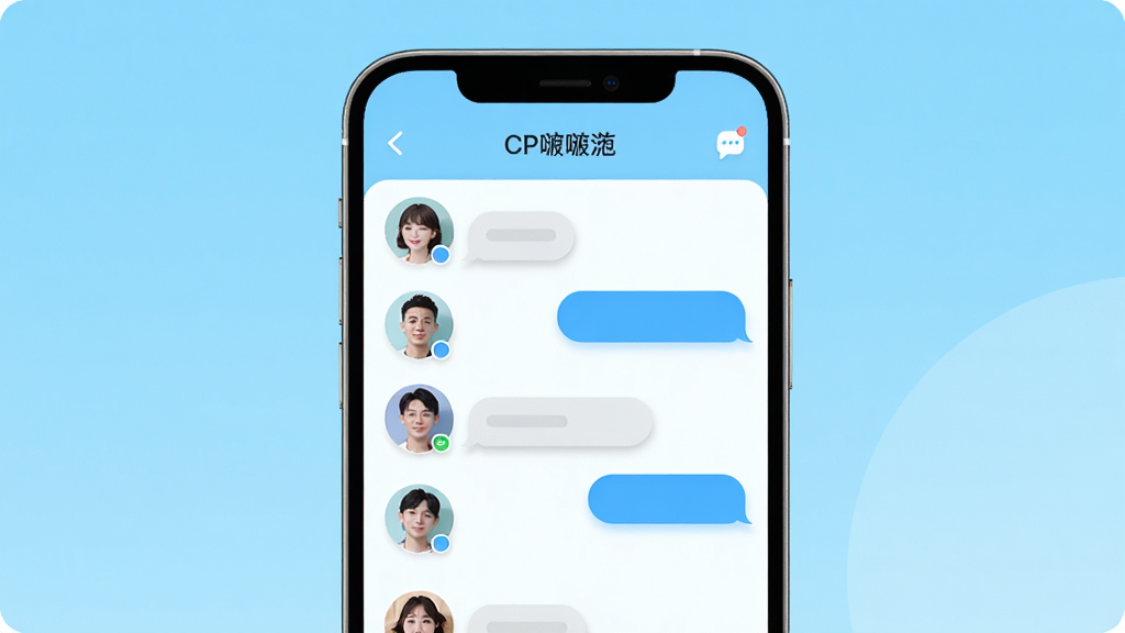 CP���罻Ӧ�ý���չʾ�������������ֻ���Ļ����Ļ����ʾCP��Ӧ����ҳ�����û�ͷ���б����������ݣ�������������ǳ��ɫ���䣬����ͻ�������־��У��Ű��࣬��������ִ���ϸ�ڰ���Բ��ͼ���������Ӱ�����ʸ��壬�ɾ����޶���Ԫ��