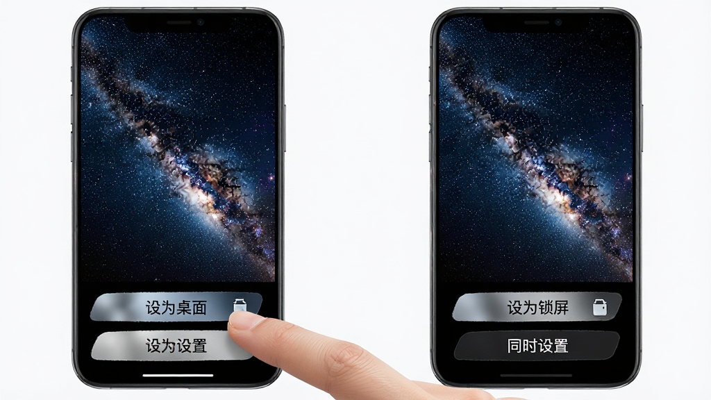 一部手机屏幕展示趣图壁纸的预览与设置界面,画面中壁纸为一张星空动态图,屏幕下方有“设为桌面”“设为锁屏”“同时设置”三个按钮,手指正点击按钮,布局简洁,风格直观,细节清晰,画质高清,背景干净