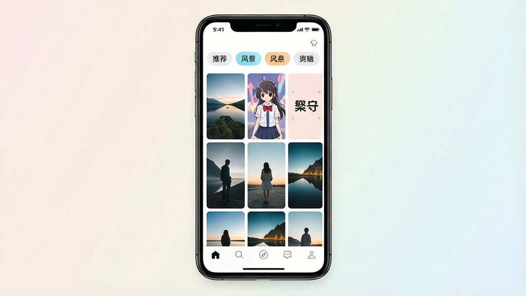 一张展示趣图壁纸应用界面的手机样机图,画面中央是手机屏幕,屏幕上显示趣图壁纸的首页,包含顶部分类标签如推荐、风景、动漫、文字,中间是网格状的高清壁纸缩略图,底部有导航栏,整体布局干净整洁,风格现代简约,细节清晰,画质高清,背景为柔和的浅色渐变,无多余元素