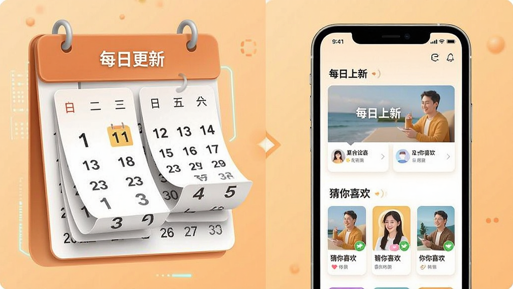 一张表现趣图壁纸每日更新与智能推荐功能的示意图,画面左侧是日历翻页效果,右侧是手机屏幕显示推荐流,屏幕上标注“每日上新”和“猜你喜欢”区域,布局左右对比,风格科技感与温馨感结合,细节清晰,画质干净,无多余元素