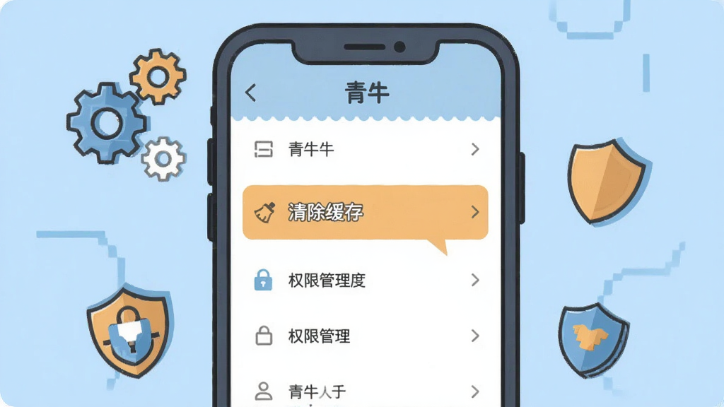 画面主体是一个卡通风格的手机界面展示“青牛”应用的设置菜单,菜单中高亮显示“清除缓存”和“权限管理”两个选项,布局为竖向列表式,排版清晰易读,风格为扁平化插画风格,细节上手机周围有齿轮和盾牌图标点缀,背景为浅蓝色,画质清晰干净,无多余元素