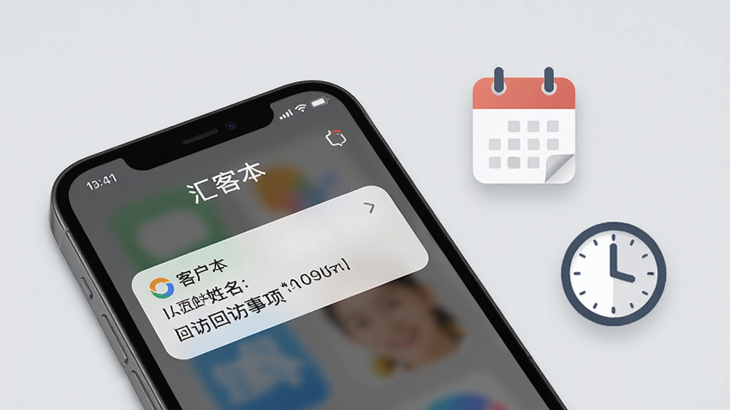 一张展示“汇客本”提醒功能的生图,画面中一部手机屏幕弹出跟进提醒通知,通知内容包含客户姓名与回访事项,手机旁边有一个日历图标与时钟图标,背景为浅灰色,风格现代简约,排版清晰,细节丰富,画质高清,画面干净,无多余元素