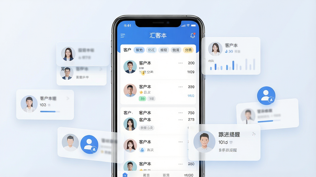 一张展示手机端客户管理软件界面的场景图,画面中央是一部竖屏智能手机,屏幕上显示“汇客本”应用的主界面,包含客户列表、标签分类和跟进提醒模块,手机周围环绕着半透明的数据卡片与联系人图标,整体采用现代扁平化设计风格,色调以蓝白为主,细节清晰,画质高清,画面干净,无多余元素
