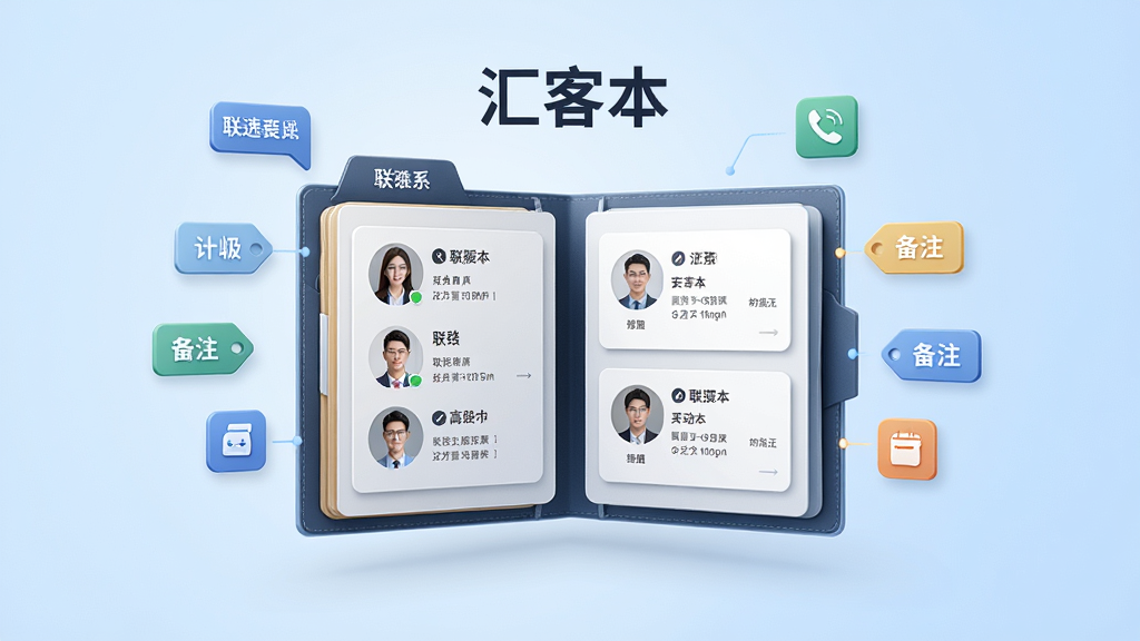 一幅以“汇客本”为主题的AI生图,画面中心是一个打开的虚拟档案夹,档案夹内页显示联系人头像与信息卡片,周围漂浮着标签、电话、备注等图标,背景为淡蓝色渐变,整体布局居中对称,风格简洁商务,细节精致,画质高清,画面干净,无多余元素