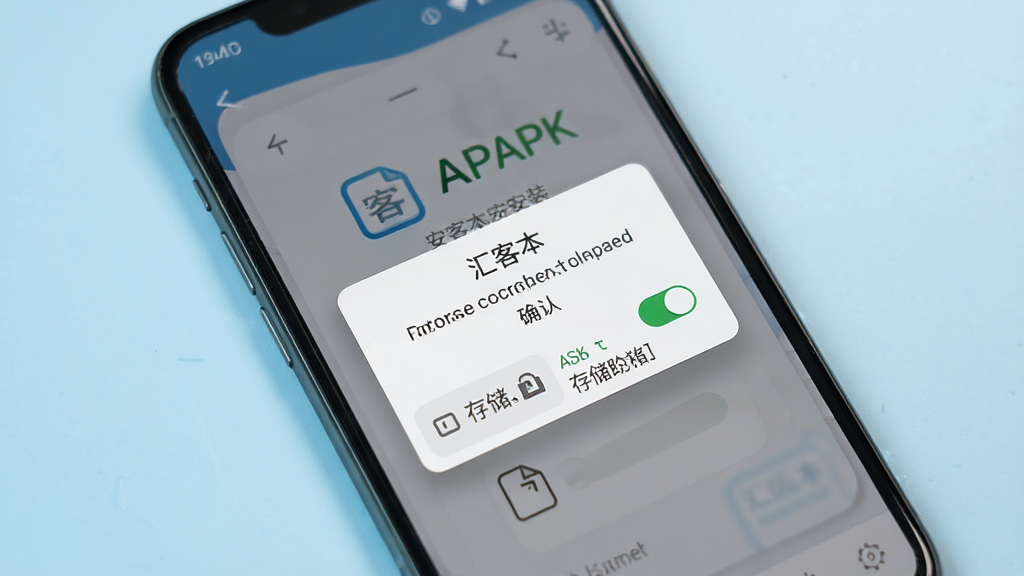 一张展示手机安装APK文件的界面截图风格生图,画面中手机屏幕显示“汇客本”安装确认弹窗,旁边有权限开关图标与存储路径示意,背景为浅色,风格写实,细节清晰,画质高清,画面干净,无多余元素