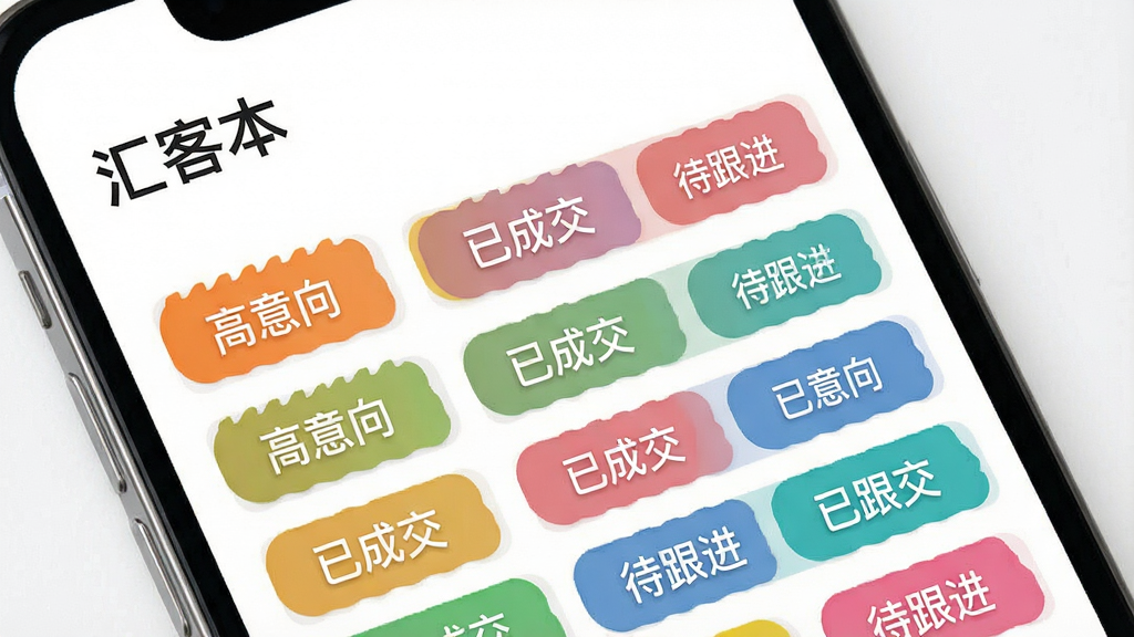 一张以“汇客本”标签管理为主题的AI生图,画面展示手机屏幕上多个彩色标签分类,标签上写有“高意向”“已成交”“待跟进”等字样,标签以卡片形式排列,背景为白色,风格清新明快,布局整齐,细节清晰,画质高清,画面干净,无多余元素
