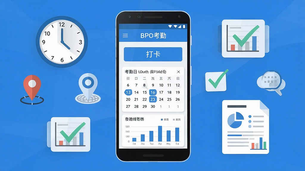 画面中央展示一部安卓手机,手机屏幕内呈现“BPO考勤”应用主界面,界面包含打卡按钮、考勤日历与统计图表,手机周围环绕时钟、定位坐标、签到勾选图标与数据报表元素,整体采用扁平化科技风格,色调以蓝白为主,布局简洁对称,细节清晰,画质干净,无多余元素,适合作为软件下载页头图