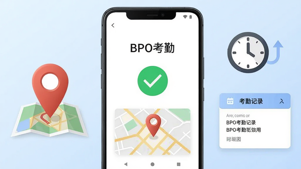一部安卓手机放置在画面正中,屏幕显示“BPO考勤”打卡成功页面,页面中有绿色对勾与定位地图标记,手机旁有地图定位针、时间图标与考勤记录卡片,背景为淡蓝色渐变,整体风格简洁商务,布局居中,细节清晰,画质干净,无多余元素
