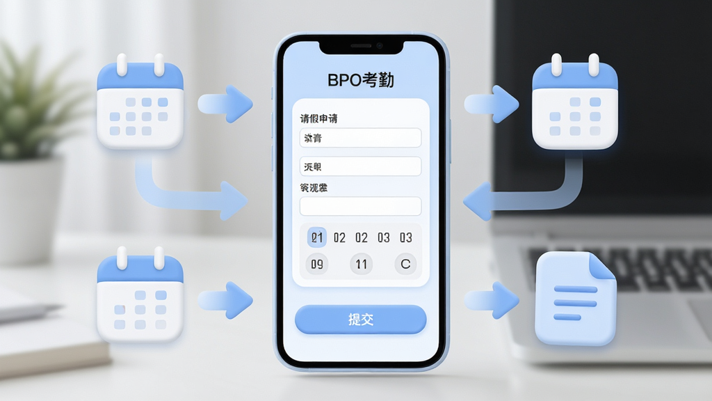 手机屏幕展示“BPO考勤”请假申请页面,画面中有表单填写区域、日期选择器与提交按钮,手机周围有审批流程箭头、日历图标与文档图标,整体采用柔和圆角风格,色调清新浅蓝,布局规整,细节清楚,画质干净,无多余元素