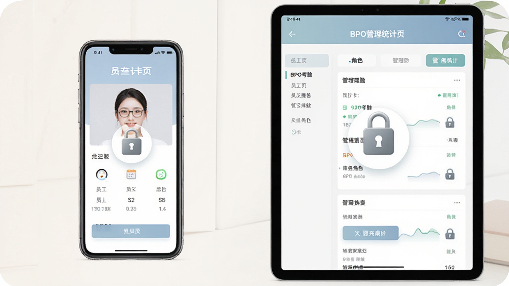 手机与平板并排展示“BPO考勤”多角色界面,左侧为员工打卡页,右侧为管理员统计页,画面中有权限锁图标与角色标签,整体采用清爽素雅风格,色调柔和,布局对称,细节清楚,画质干净,无多余元素