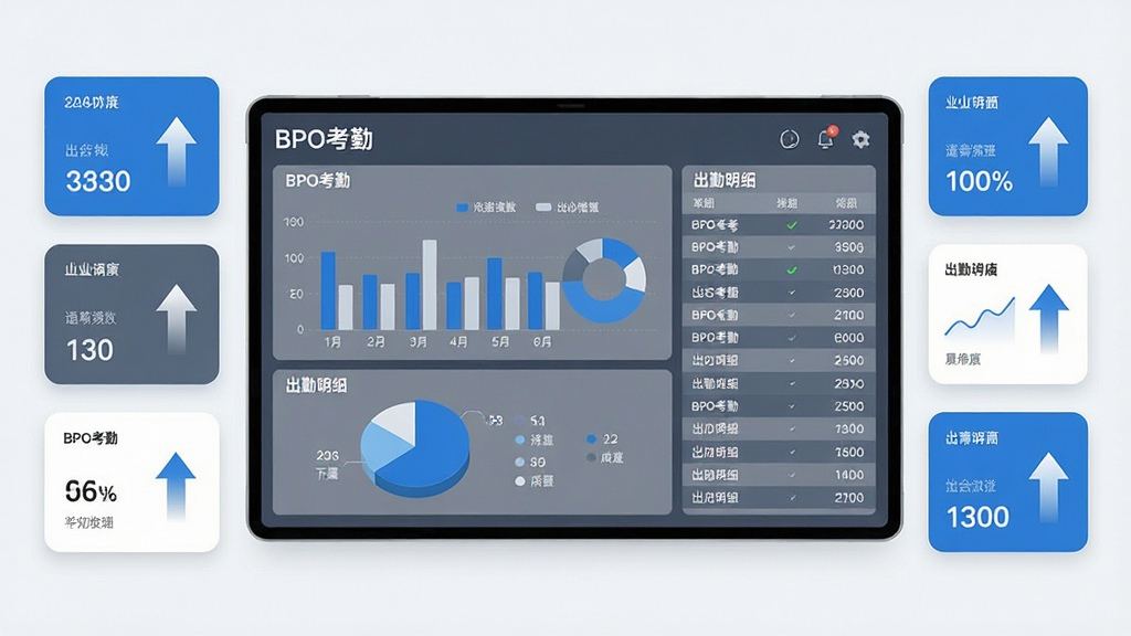 画面中央有一块数据看板,看板上显示“BPO考勤”统计图表,包含柱状图、饼图与出勤明细列表,周围有数据卡片与上升箭头,整体风格为简约商务,色彩以蓝灰白为主,布局整齐,细节清晰,画质干净,无多余元素