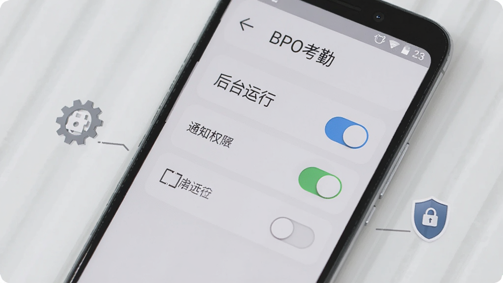 一部安卓手机屏幕显示“BPO考勤”权限设置页面,画面中有定位权限开关、通知权限开关与后台运行选项,手机旁有齿轮图标与盾牌图标,整体采用浅灰质感风格,布局清晰,细节干净,无多余元素