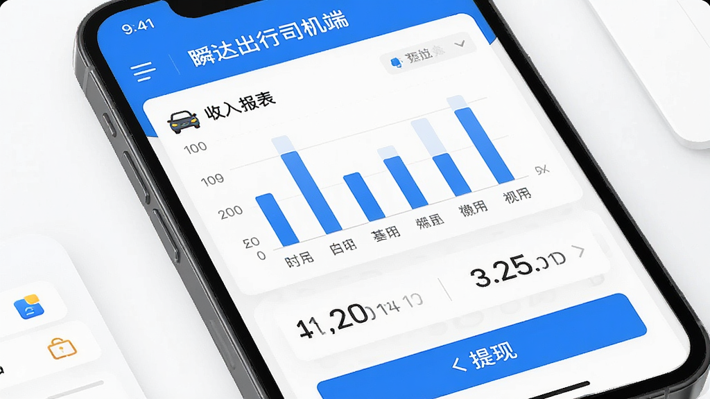 一张展示收入统计界面的AI生图,画面主体是手机屏幕特写,屏幕上显示“瞬达出行司机端”的收入报表页面,包含柱状图、数字金额和提现按钮,布局为上下结构,风格为简洁商务风,细节包括清晰的数据标签和图标,画质高清,干净,无多余元素