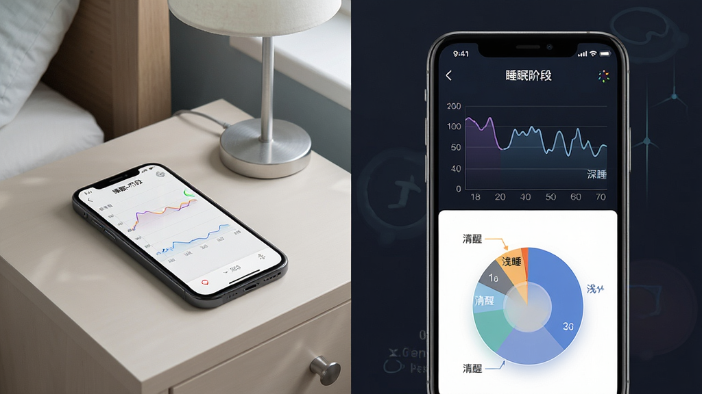 一张Sleep-Tight睡眠追踪功能示意图,画面左侧是手机放置于床头柜上的场景,右侧是手机屏幕显示睡眠阶段折线图与饼状图,图中标注“深睡”“浅睡”“清醒”字样,整体布局左右对比,风格清爽,细节丰富,画质干净,无多余元素