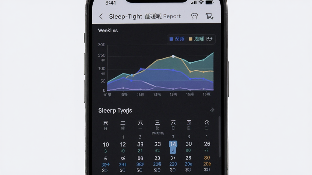 一张Sleep-Tight睡眠报告页面图,手机屏幕显示周趋势折线图和睡眠评分日历,图表中用不同颜色区分深睡与浅睡,界面布局清晰,背景为浅灰白色,风格专业简洁,细节丰富,画质干净,无多余元素