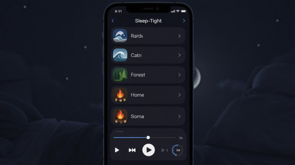一张Sleep-Tight助眠音效界面图,手机屏幕展示音效列表,包括雨声、海浪、森林、篝火等图标,下方有播放控制条和定时器,背景为深色夜间模式,画面中央为手机,风格静谧柔和,细节清晰,画质干净,无多余元素