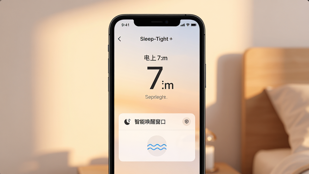 一张Sleep-Tight智能闹钟界面展示图,手机屏幕显示闹钟设置页面,时间设定为早上7点,下方有“智能唤醒窗口”选项和浅睡波浪图标,背景为柔和的晨光色调,画面中央突出手机,风格温暖舒适,细节清晰,画质干净,无多余元素