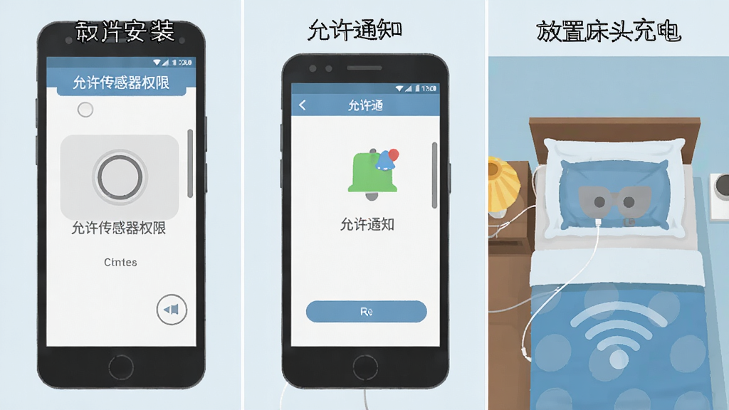 一张展示Sleep-Tight在手机上安装与权限设置步骤的示意图,画面分为三格,分别显示“允许传感器权限”“允许通知”“放置床头充电”三个操作场景,风格扁平化教学图,细节清晰,画质干净,无多余元素