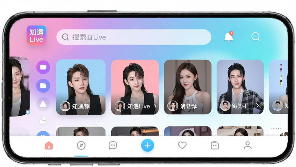 ֪��Live����������ȫòչʾ������Ϊһ�������ֻ���Ļ����Ļ����ʾ֪��Liveֱ���㳡ҳ�棬�����������������в������Ƽ���Ƭ���ײ������˵��������������룬�Ű���ϰ�׿Ӧ���̵�չʾ��񣬷��Ϊ�ִ���Լ�Ƽ��У�ϸ�ڰ�����͵Ľ��䱳��ɫ��Բ��ͼ�ꡢ��������ͷ������ͼ�����������ɾ����޶���Ԫ�أ���������ʾ���֡�֪��Live��