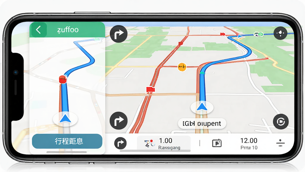 ľ��˾��APP�������棬����Ϊ�ֻ�������ʾ��ͼ�������棬����Ϊ���·��ָ����塢�Ҳ��ͼ����ͼ���ײ��г���Ϣ�������Ϊ���ص�����Ӧ�ý��棬ϸ�ڰ�����ɫ·�߹켣����ɫӵ��·�α�ע��ת���ͷͼ�ꡢʣ�������ʱ�����֣���������������ɾ����޶���Ԫ��