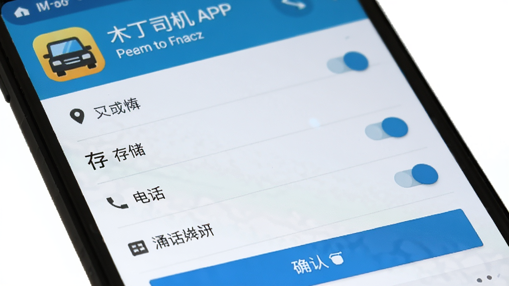 ľ��˾��APP��װȨ�����ý��棬����Ϊ�ֻ���Ļ��д������Ϊ����Ӧ��ͼ�������ơ��в�Ȩ���б����ء��ײ�ȷ�ϰ�ť�����Ϊ��׿ϵͳ����ҳ����ϸ�ڰ�����λ���洢���绰��֪ͨ��Ȩ����Ŀ�뿪��״̬����������������ɾ����޶���Ԫ��